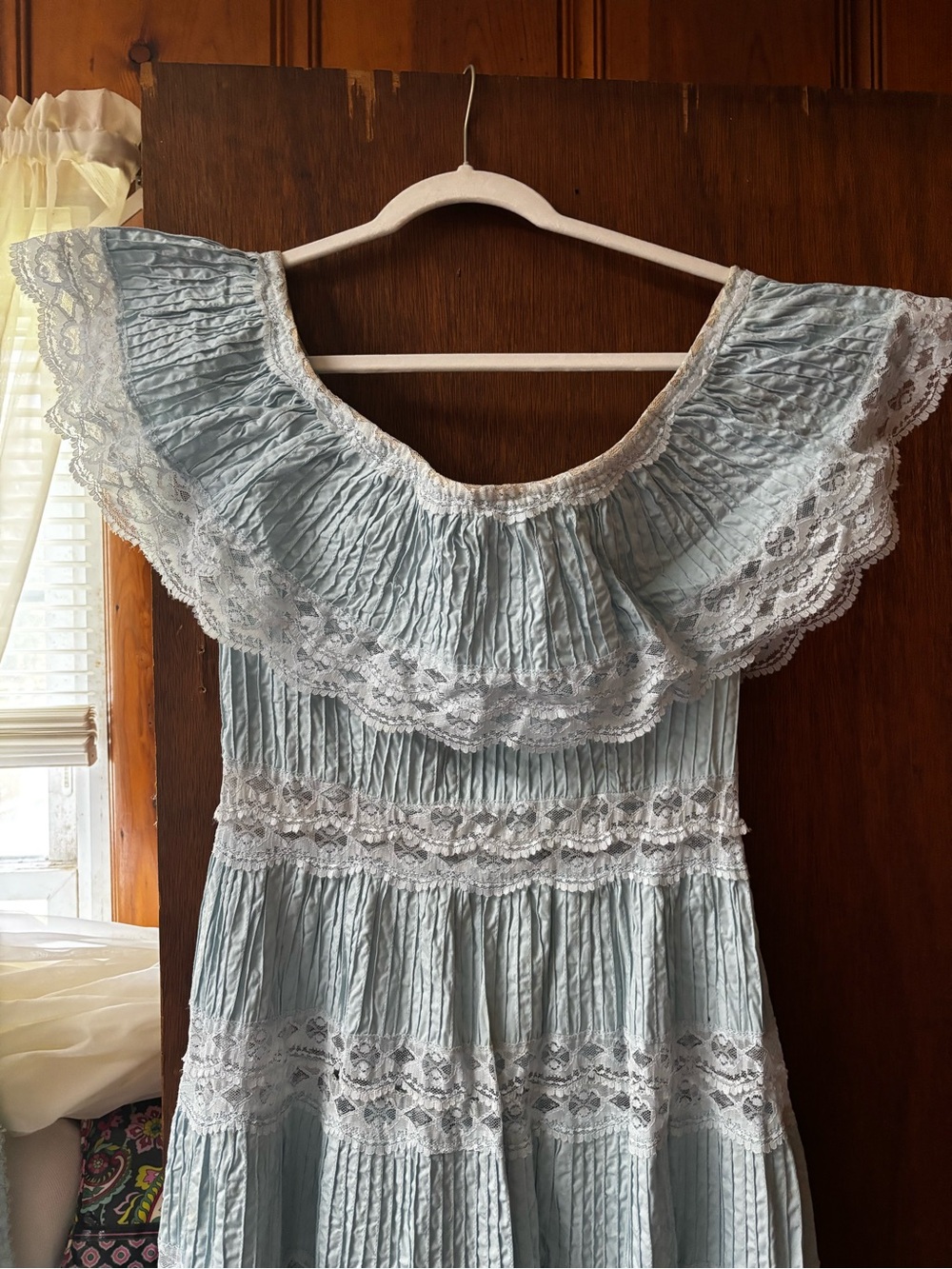 Vintage Ropamex Mexican Wedding Dress lace tiered sky blue flowy